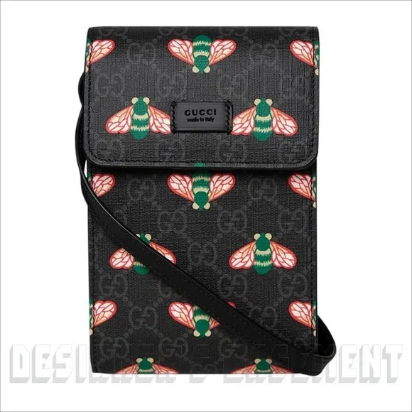 GUCCI black leather BESTIARY Bee GG Supreme black Canvas Cross Body PHONE bag 🎁 - Picture 3 of 5